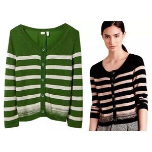 $129 Anthropologie Smooth Back Cardigan Large 10 12 Green White Striped Sweater